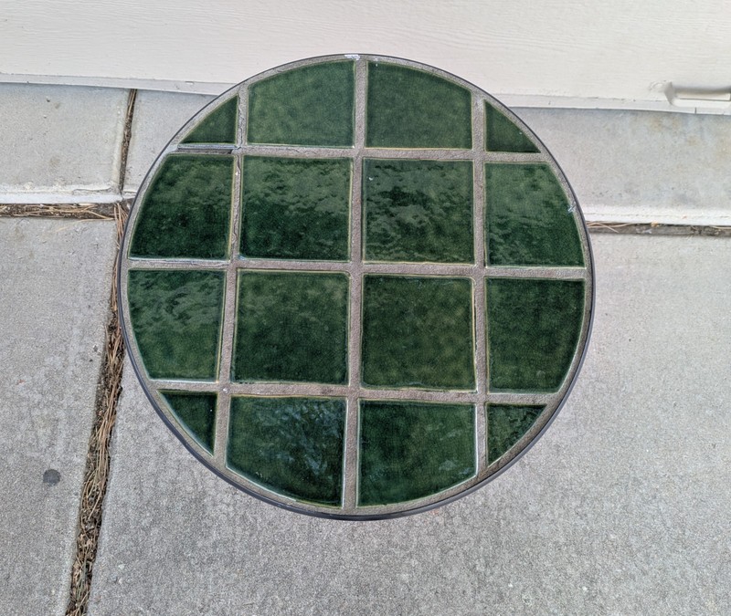 Vintage MCM Green Tile Top Twisted Wrought Iron Base Plant Stand Pedestal Table gallery