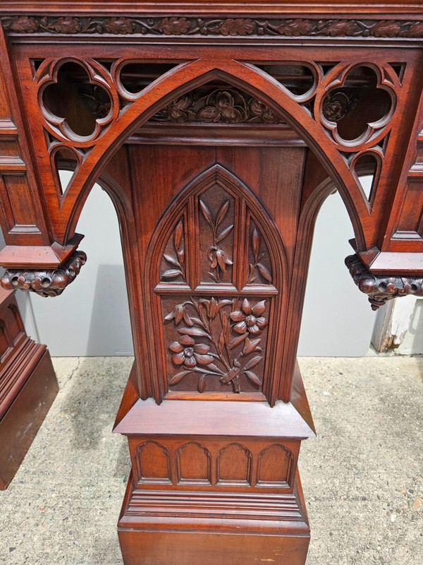 Pair Antique French Carved Gothic Revival PEDESTAL tables Monumental Victorian gallery
