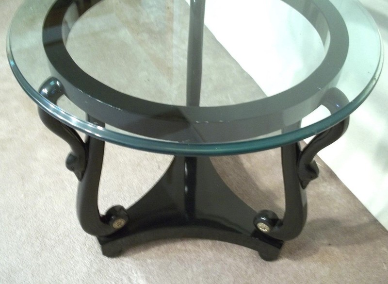MID CENTURY MODERN CLASSICAL REGENCY BLACK LACQUER SWAN HEAD TABLE gallery