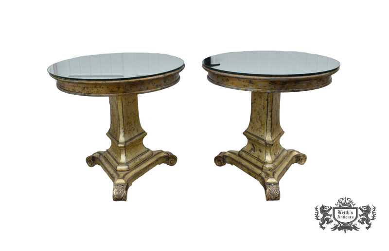 VTG. Pair Italian Regency Style Carved Wood Pedestal End Tables w/Mirrored Tops