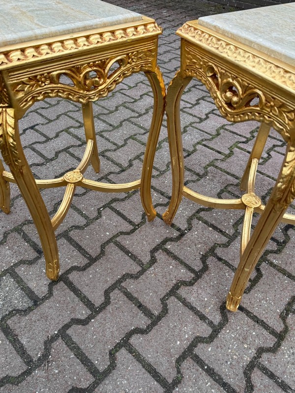 Side Tables French Louis XVI Gold Beech Italian Marble 1970 Accent Pair 2 Pcs gallery