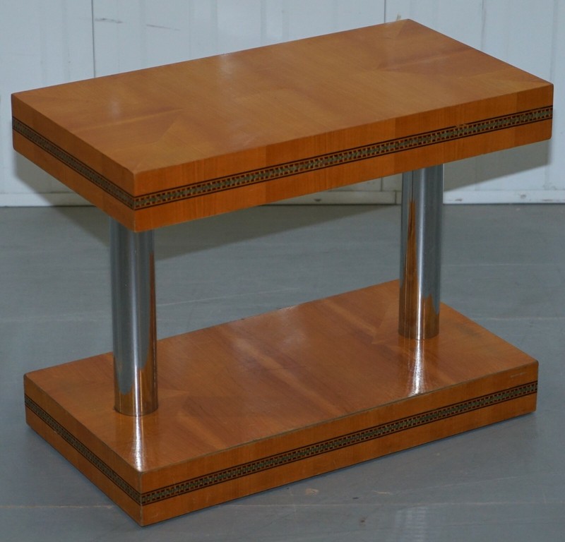 PAIR OF MID CENTURY MODERN CHROME PLATED & SATINWOOD SIDE END WINE LAMP TABLES gallery
