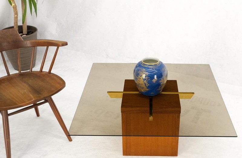 Teak Cube & Brass X Base Danish Modern Bronze Smoked Square Glass Coffee Table gallery