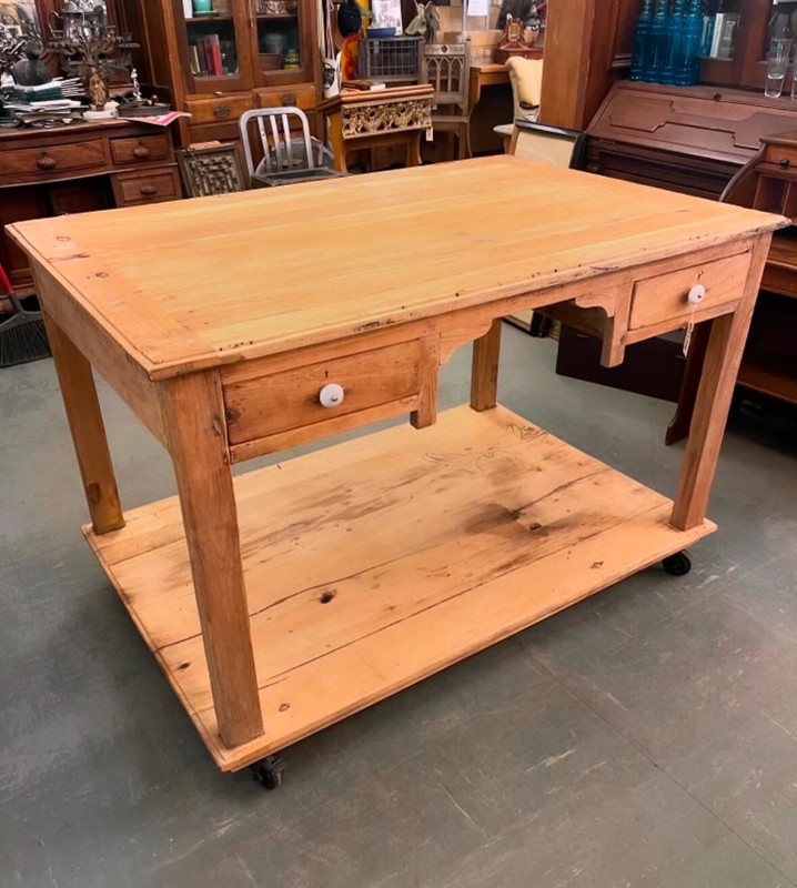 Antique Continental Sanded Olivewood Rustic Two Drawer Kitchen Island Table