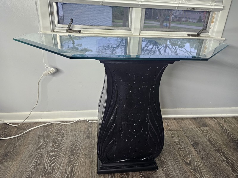 Vintage 1980s Sofa Table Pedestal Side Table Beveled Glass Top Foyer Table Black gallery