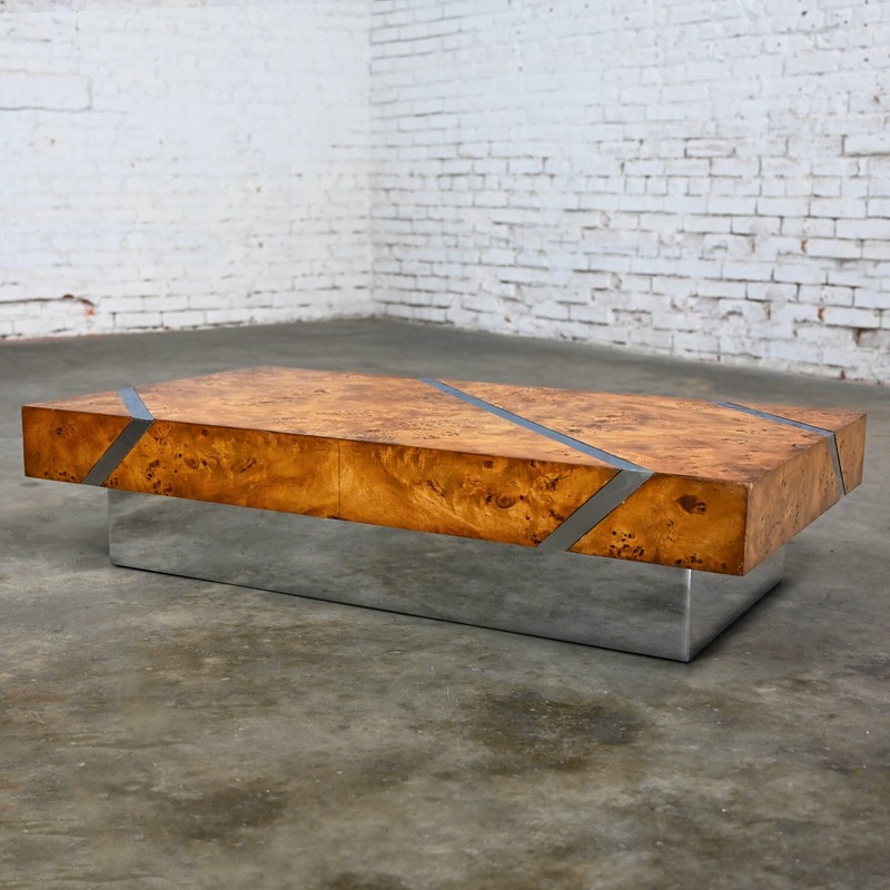 Modern Burl Chrome & Polished Stainless Steel Floating Coffee Table Plinth Base