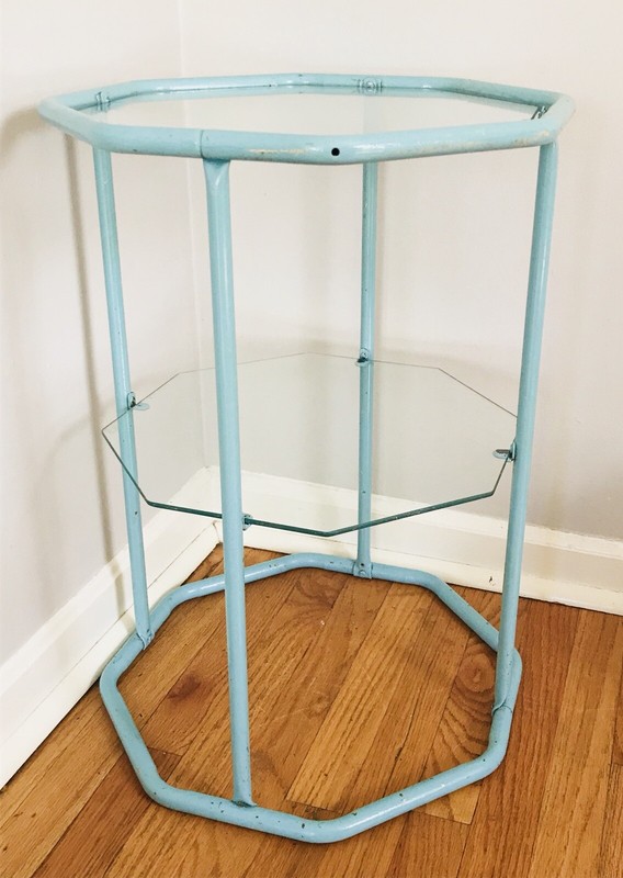 Vintage 1950s Side Table Blue Metal Glass 2 Tier Octagon gallery