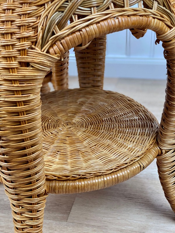 Vintage Coastal Boho Natural Wicker Round Plant Stand End Tables - A Pair gallery