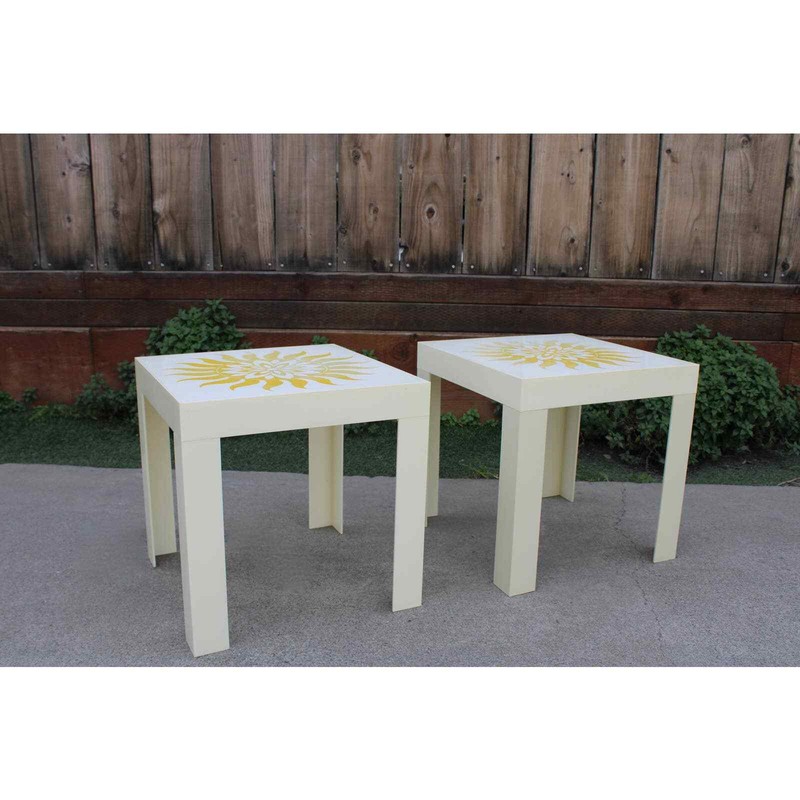 Vintage Mid Century Square White and Yellow Parson End Table Side Table