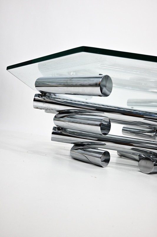 1970s Iconic Paul Mayen Style Chrome Coffee Table - Octagonal Glass Top gallery