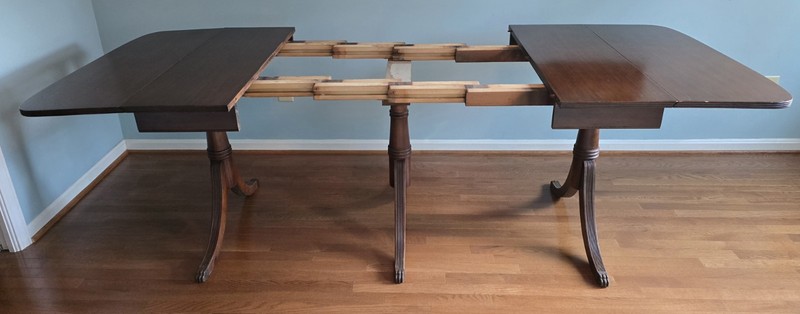 Antique Duncan Phyfe Style Triple Pedestal Mahogany Drop-Leaf Dining Table Claw gallery