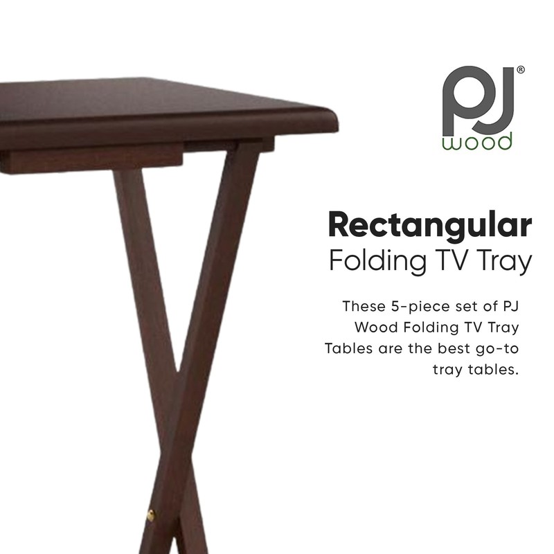 PJ Wood Folding TV Tray Tables with Compact Storage Rack, Walnut, 5 Piece Set gallery