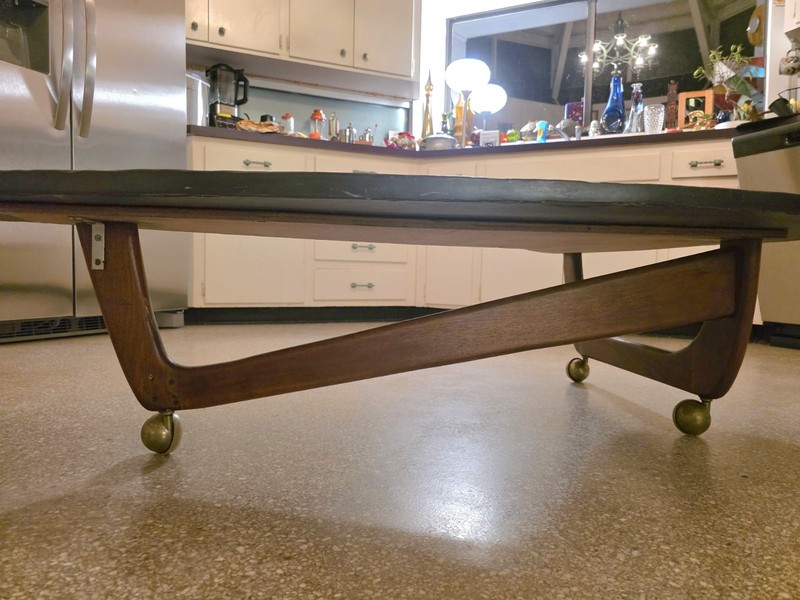 Mid-Century Modern Heavy Slate Boomerang Kidney Coffee Table w/ Brass Casters gallery