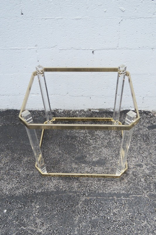 Hollywood Regency Lucite and Brass Finish with Glass Top Side Table 2998 gallery