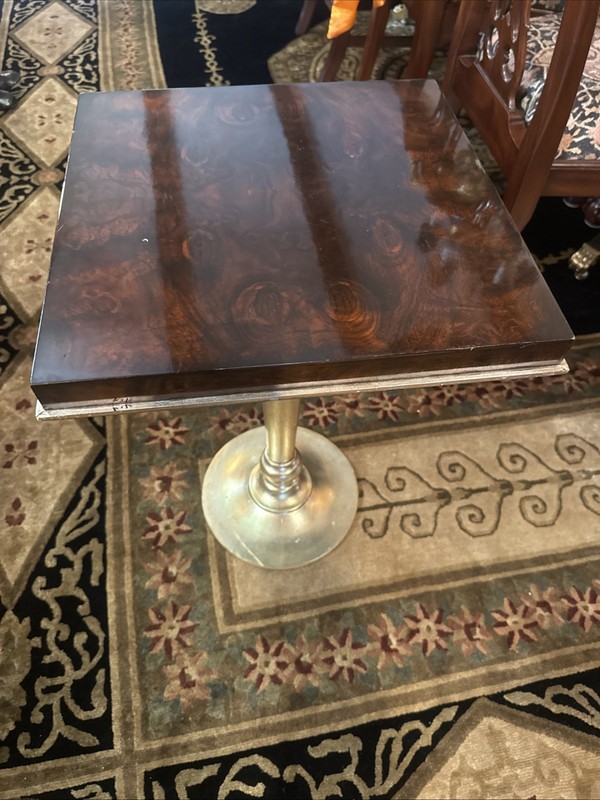 Designer Burl Wood Walnut Side Table Gold Gilt Pedestal Base Art Deco Square
