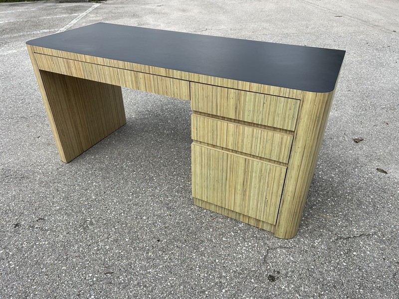 Vintage Mid Century Lacquered Faux Bamboo Black Top Desk Vanity Table