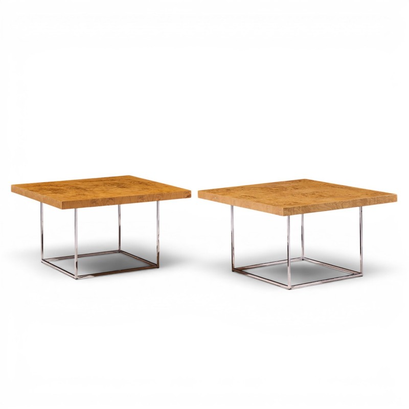 Milo Baughman for Thayer Coggin Style Burlwood and Chrome Side Tables - Pair gallery