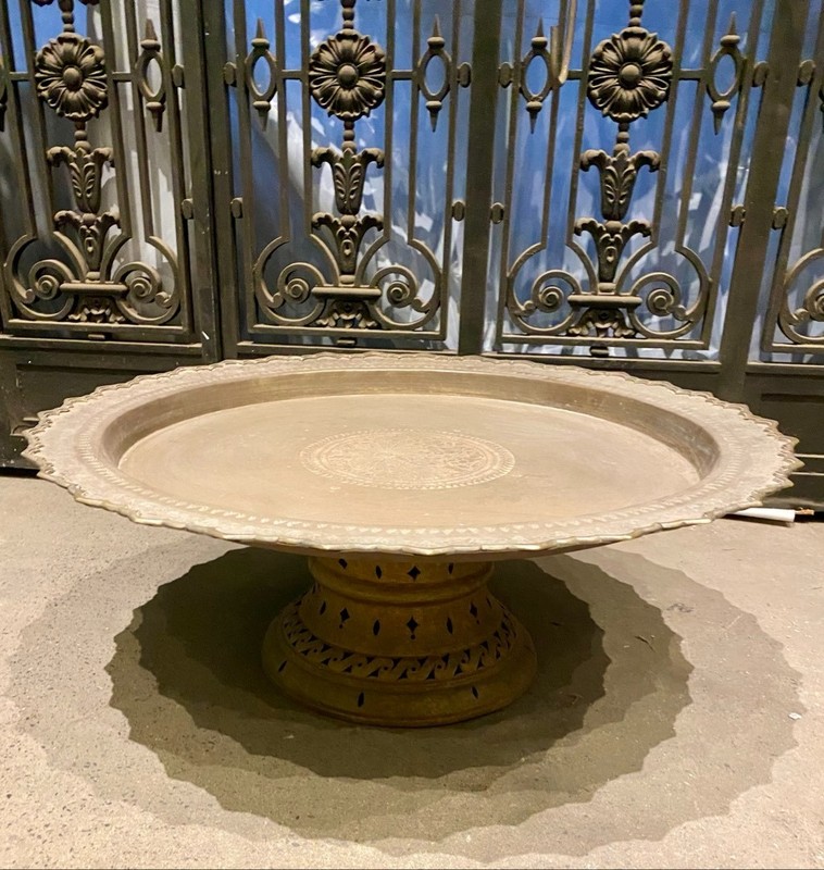 Antique Handcrafted Moroccan Style Etched Brass Pedestal Coffee Table gallery
