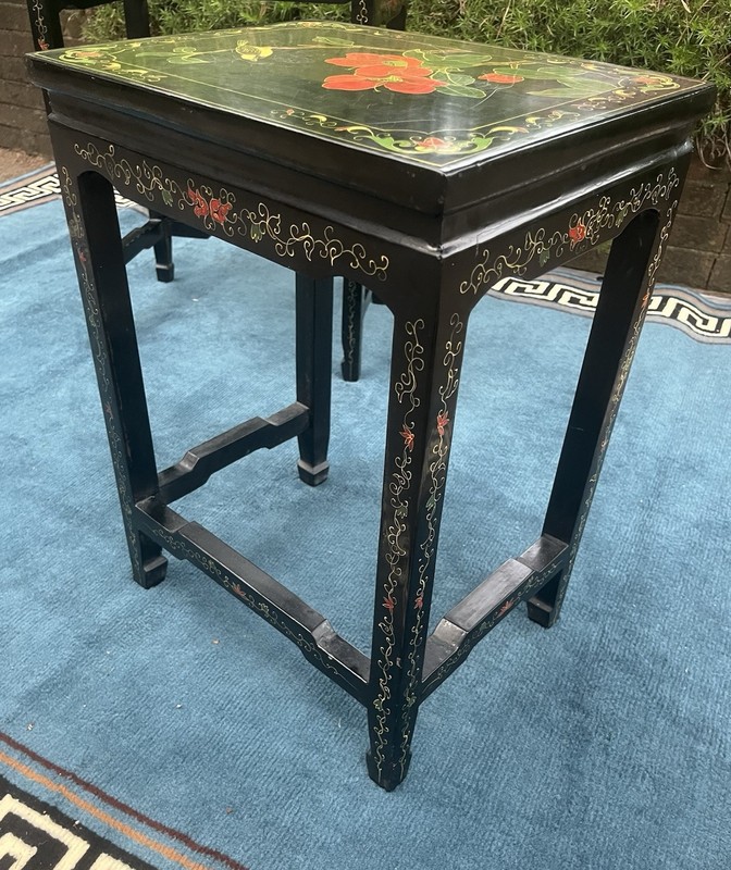 VTG Ming Dynasty Black Lacquer Asian Nesting Tables (3) w/ Bird & Floral Motif gallery