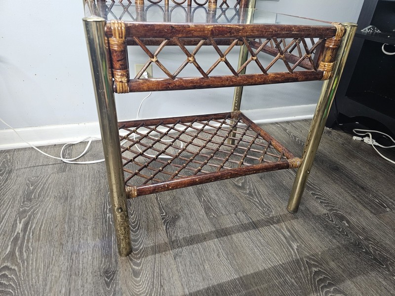 Vintage Bohemian Cane Wood Rattan Bamboo Side Table Brass Legs Glass Top W/ Back gallery