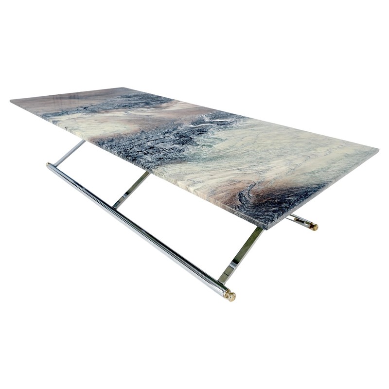 Mid Century Modern Chrome X-Shape & Brass Base 32x67 Marble Top Coffee Table