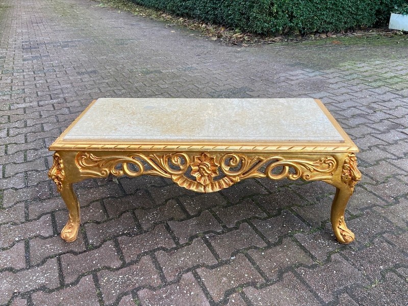 Table Italian Baroque Gilt Beech Marble Coffee Vintage 1970s Elegant gallery