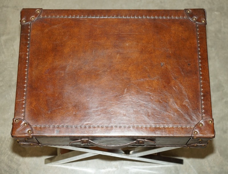 SUPER DECORATIVE HAND DYED BROWN LEATHER LUGGAGE STYLE SIDE TABLE CHROME BASE gallery