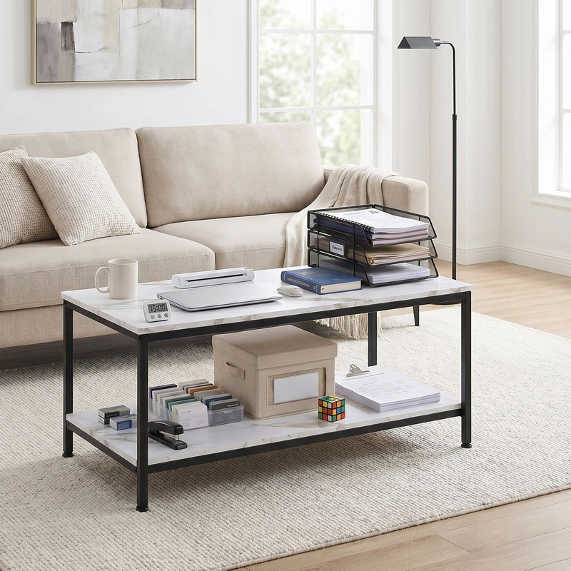 White Coffee Table 2-Tier Rectangle Industrial Wood Coffee Table w/Storage Shelf