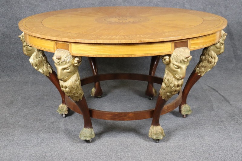 Monumental Satinwood Carved Gilded Rams Head 62 inch Circular Center Table