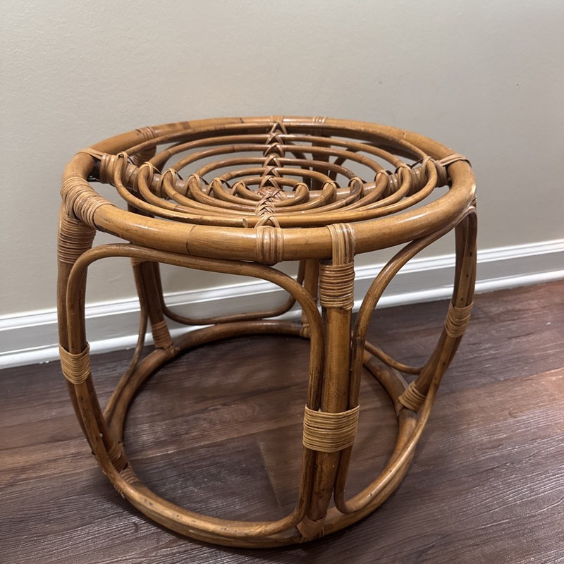 Vintage Bamboo Rattan Round Side Table Mid Century Ottoman MCM