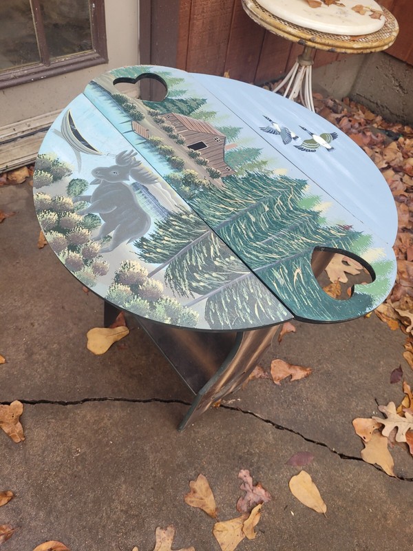 Vintage 80s Tri-fold Table Hand Painted Cottage Cabin Lake Folding Serving Tray gallery