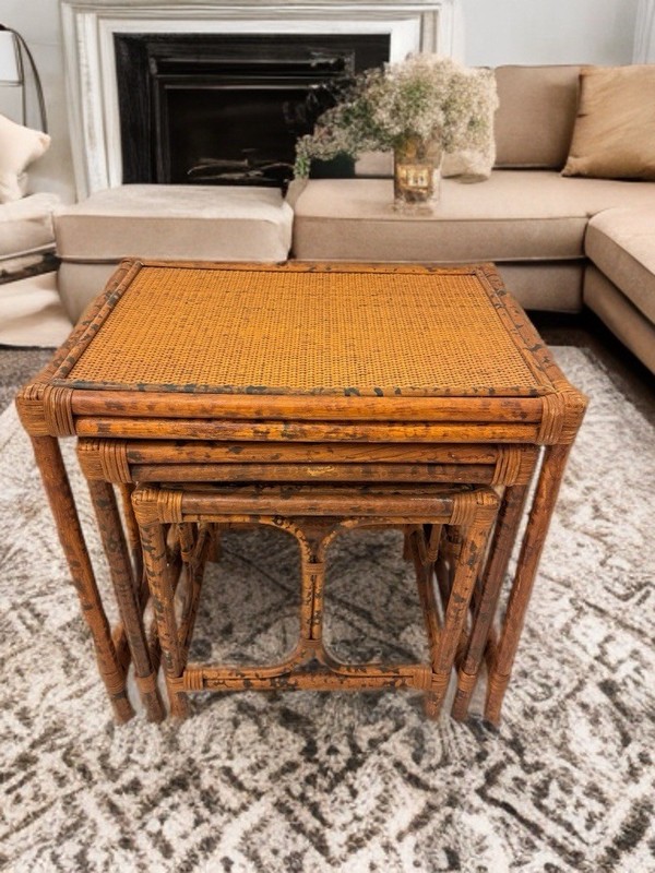 Vintage Bamboo & Wicker Nesting Tables - Set of 3, Boho Decor, Mid-Century Style gallery