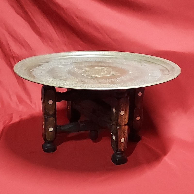 Vintage Middle Eastern Brass Tray Table w/ Mother of Pearl Inlaid Folding Stand