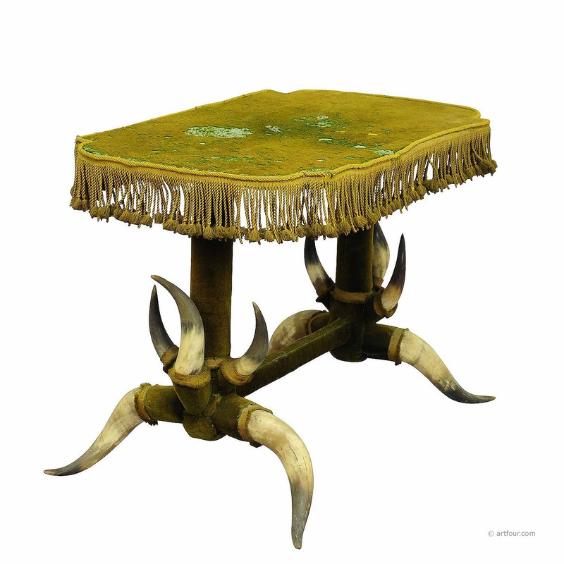 Antique Bull Horn Table with Green Velvet ca. 1870