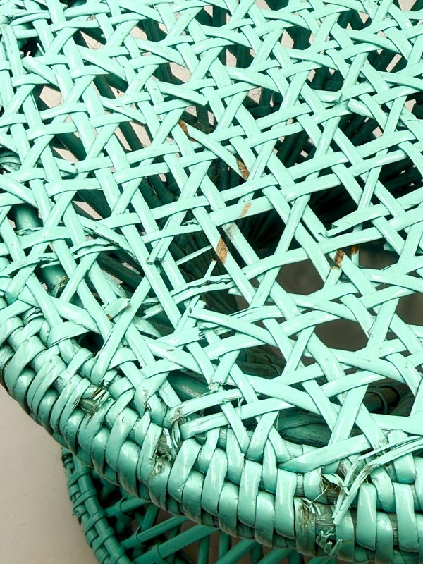 Vtg Turquoise Table Plant Stand Ottoman Stool Cane Rattan Wicker Woven Boho gallery