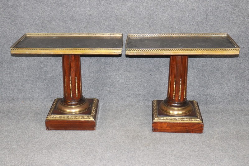 Pair of French Directiore Style Marble Top Pedestal & Brass Mounts End Tables gallery
