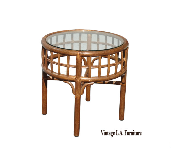 Vintage French Country Bamboo Rattan End Table Side Table w Glass Top