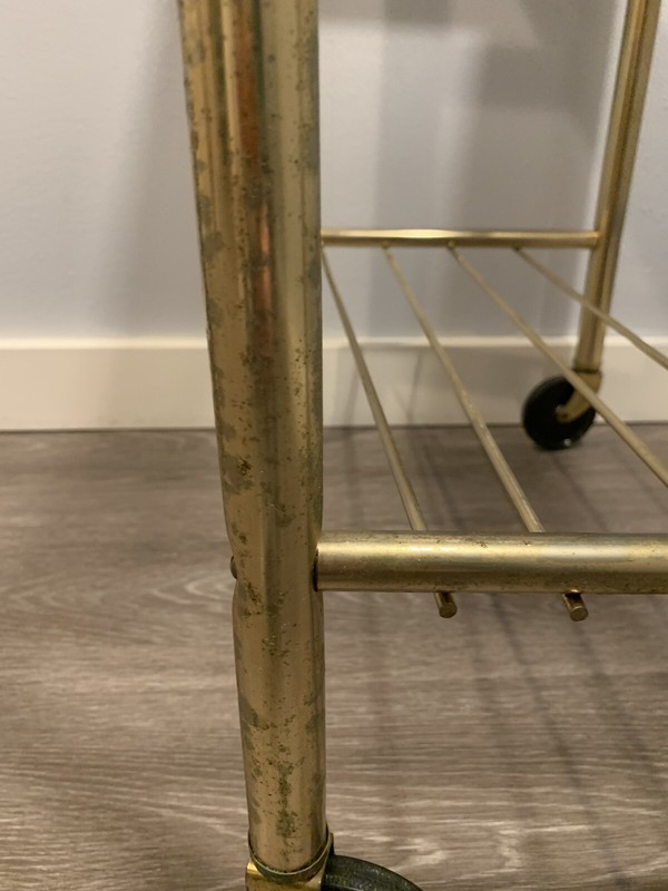 Mid Century Modern Hollywood Regency Bar Cart 2 Tier Shelf Gold Toned on Wheels gallery