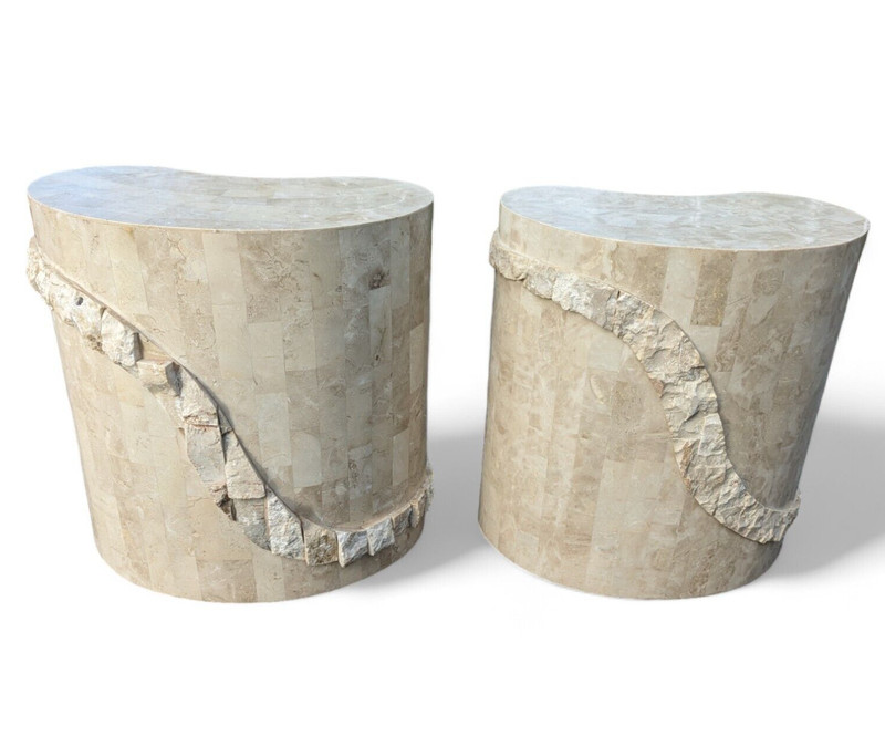Pair Vintage Tessellated Stone End Side Table Set of 2 Kidney Shape