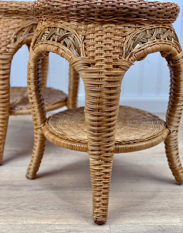 Vintage Coastal Boho Natural Wicker Round Plant Stand End Tables - A Pair gallery