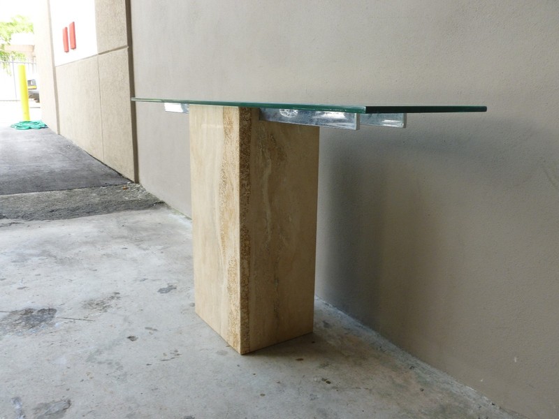 IMPOSING 1970'S ARCHITECTURAL TRAVERTINE MARBLE CONSOLE WITH GLASS TOP gallery