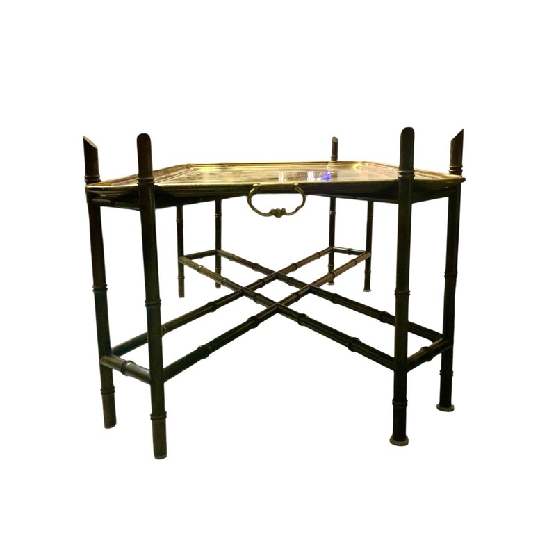 Coffee Table XL Brass Top on Wood Base Bamboo Design Vintage Chinoiserie Style gallery