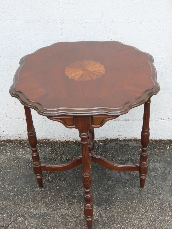 Early 1900s Inlay Round Carved Side End Accent Table 6335