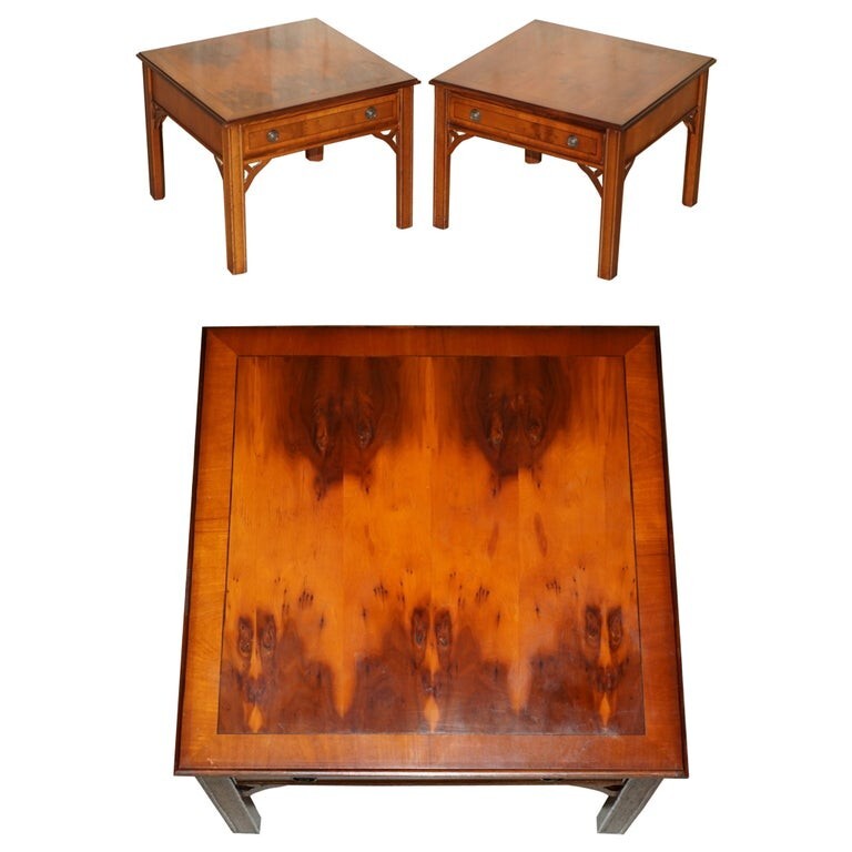 LOVELY PAIR OF BURR YEW WOOD SIDE END LAMP WINE TABLES WITH LARGE SINGLE DRAWERS
