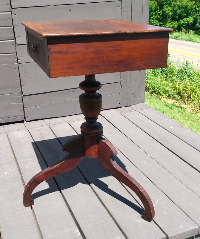 Antique Maple One Drawer Stand w 3 Splayed Scrolled Legs New England Style 1800s gallery