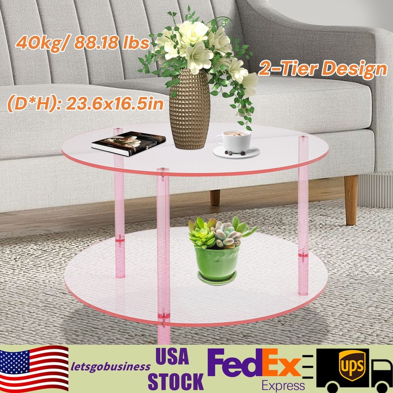 Modern Round Pink Acrylic Coffee Table, Modern Coffee Table, 2-tier Coffee Table