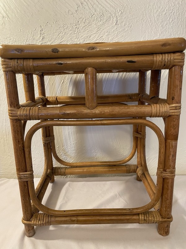 Vintage Woven Bamboo Rattan Wicket Side End Table Plant Stand Boho Chic MCM gallery
