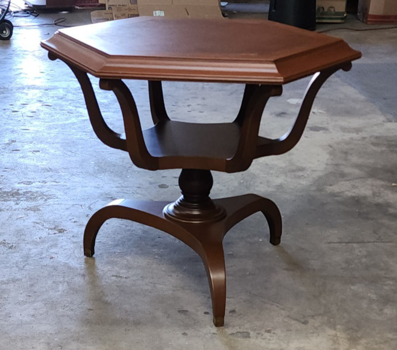 Victorian English Regency Tripod Leg Accent Table - Leather Top Roses Marquetry