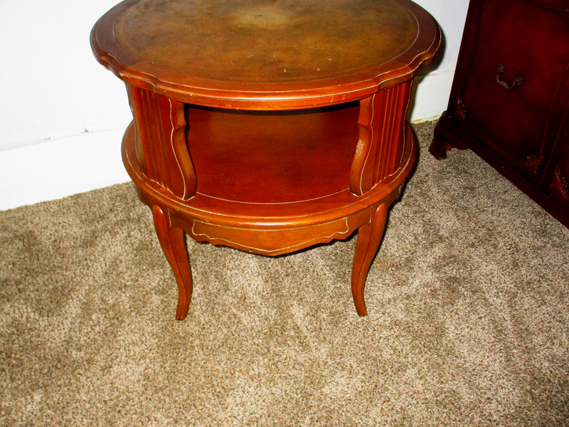 1940s French Provincial Walnut Two Tier Leather Top Accent Table gallery