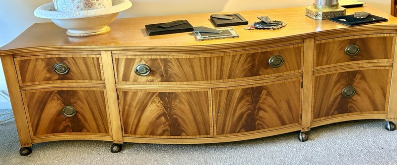 Mid-Century Bow Front Flame Mahogany Console-Exceptional Wood Grain
